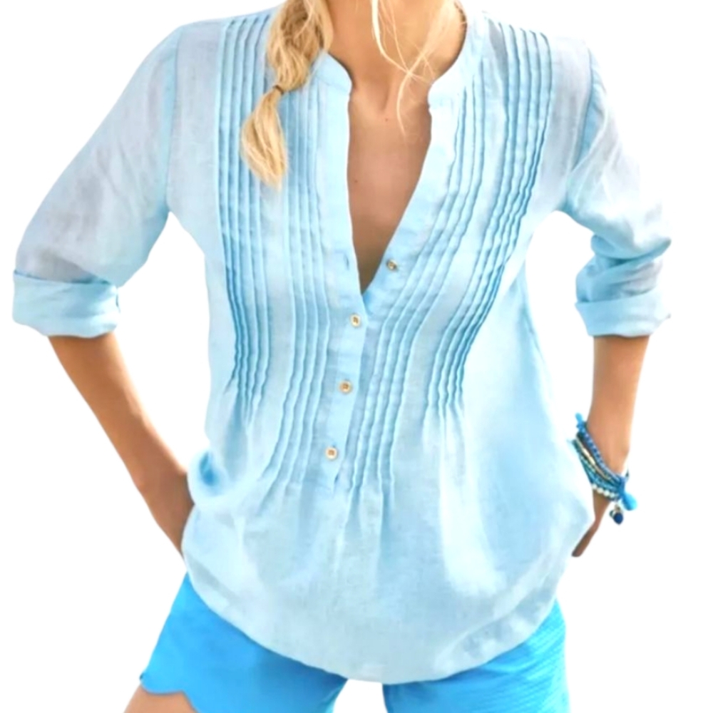 NWT Lilly Pulitzer Sarasota 100% Linen Tunic Top Blue Pintuck Size M